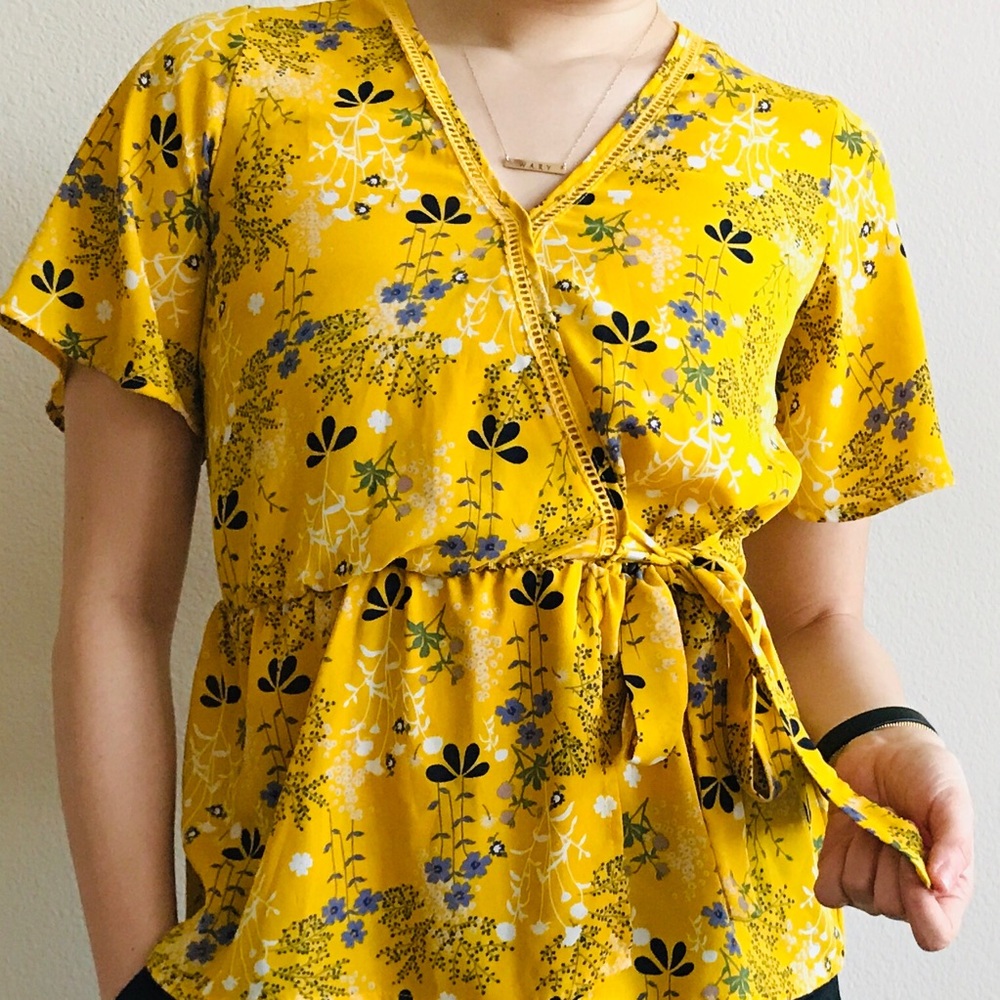 Yellow wrap-detail blouse